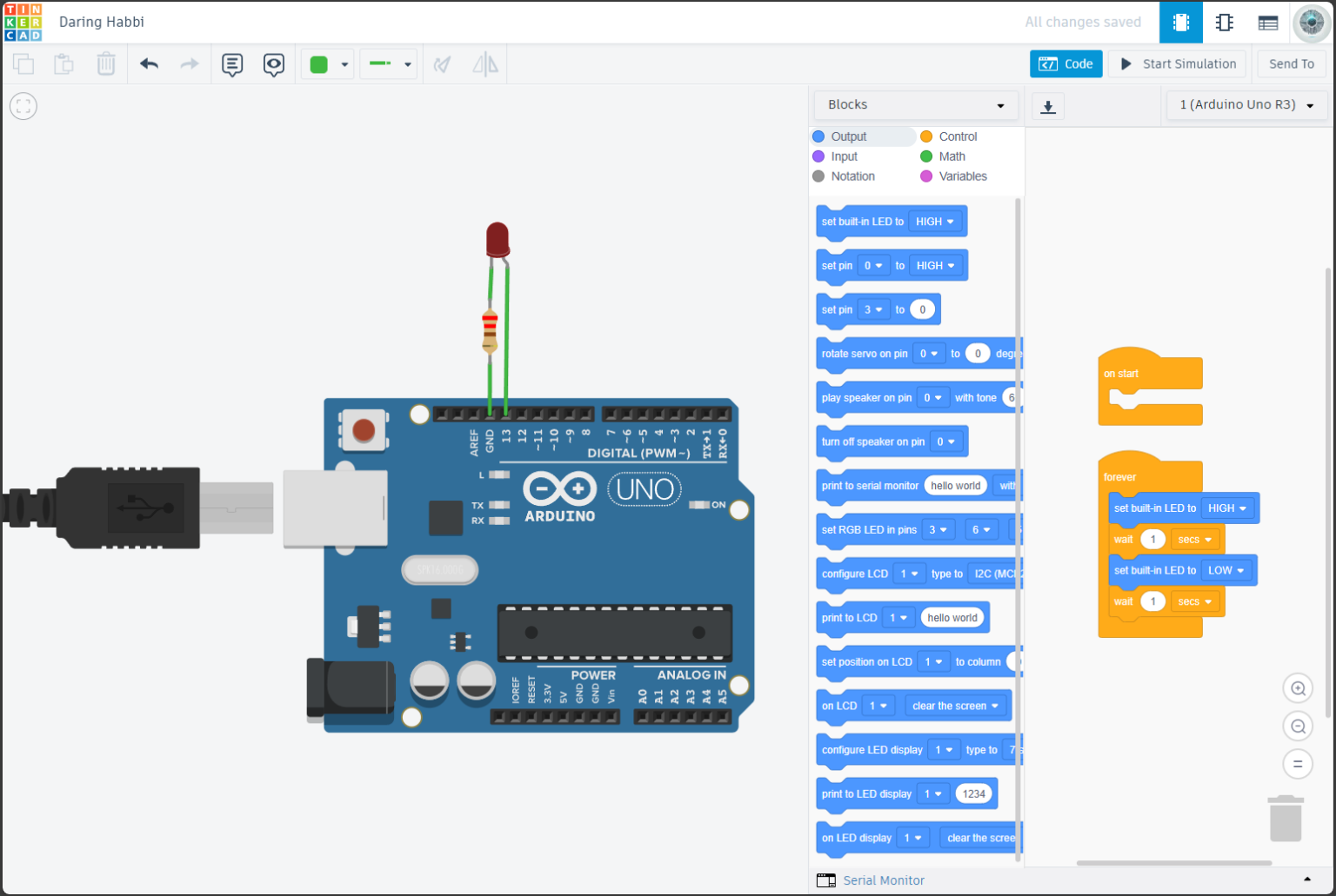 Реальный англоязычный интерфейс Tinkercad: палитра встроенных блоков и программа мигания