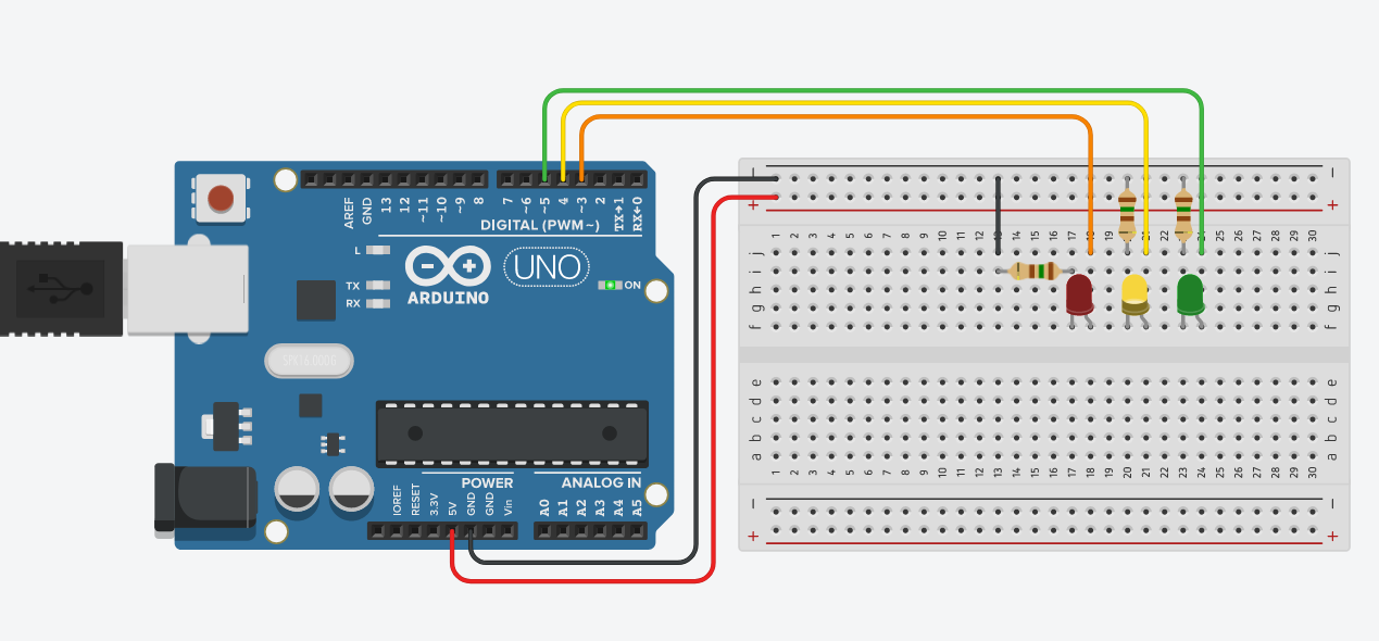 Скриншот схемы Tinkercad: Arduino Uno, внешний светодиод и резистор