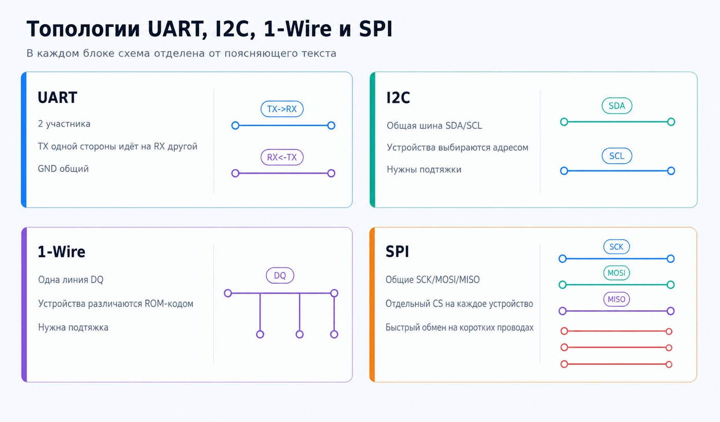 Сравнение топологий UART, I2C, 1-Wire и SPI