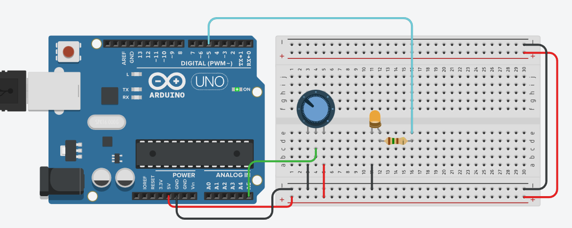 Скриншот схемы Tinkercad: потенциометр подключён к аналоговому входу Arduino