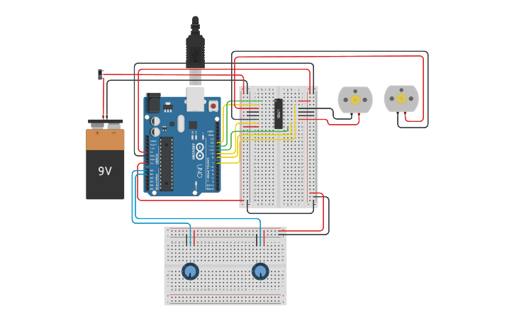Реальная модель Tinkercad: Arduino Uno управляет двумя моторами через L293D с отдельной ветвью питания