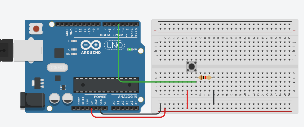 Скриншот схемы Tinkercad: кнопка подключена к Arduino через макетную плату
