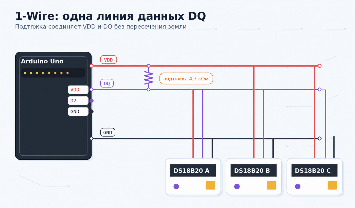 Шина 1-Wire с подписанными линиями DQ, GND, VDD и подтяжкой