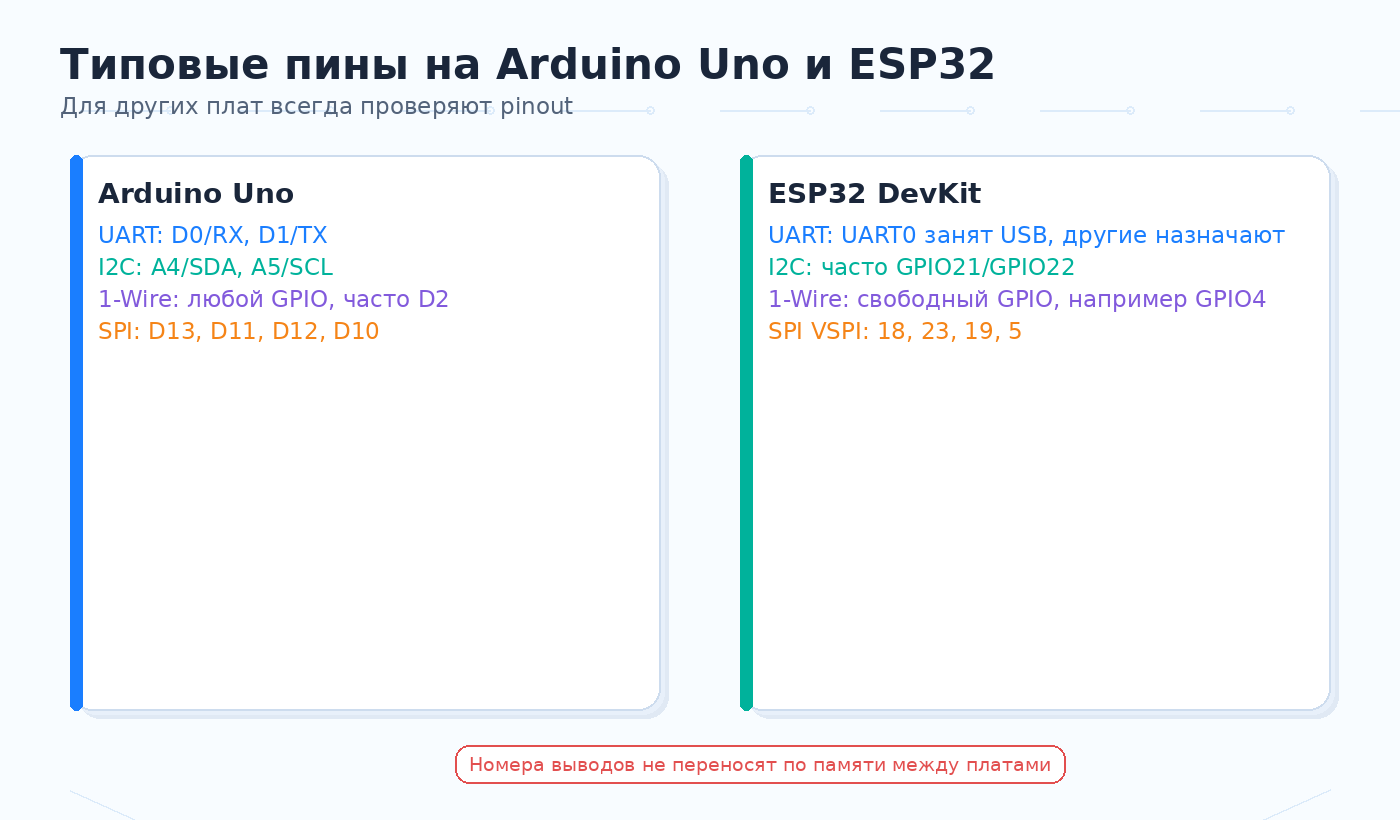 Типовые пины протоколов на Arduino Uno и ESP32