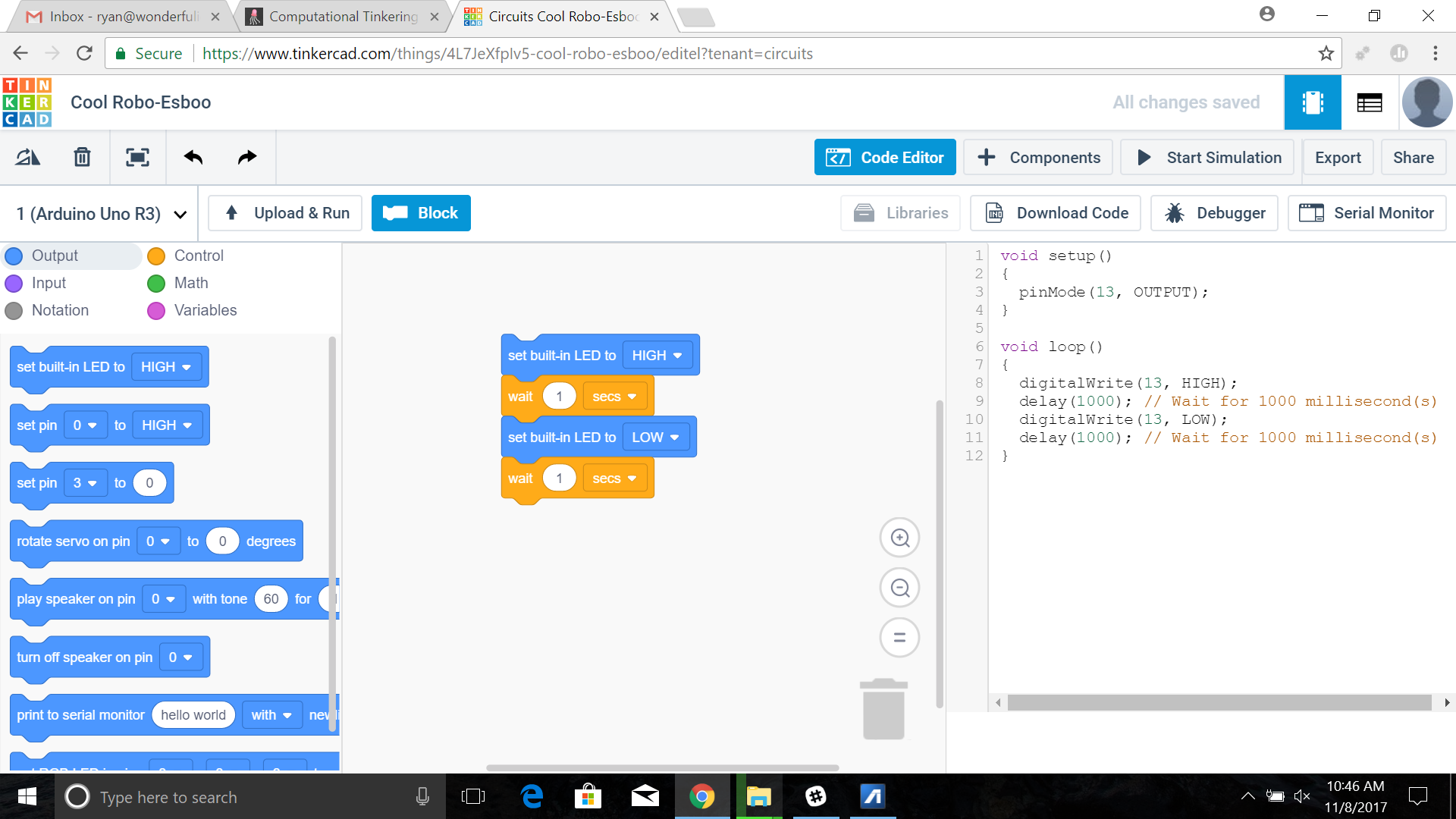 Скриншот Tinkercad: блоки мигания встроенным светодиодом